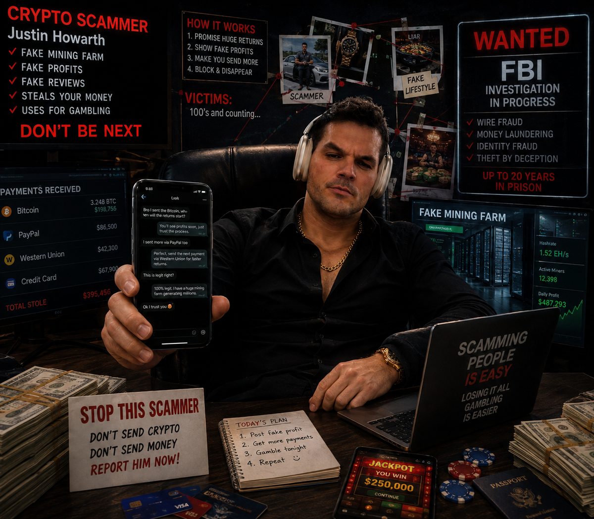 Awareness collage documenting the cryptocurrency scam operation attributed to Justin Howarth