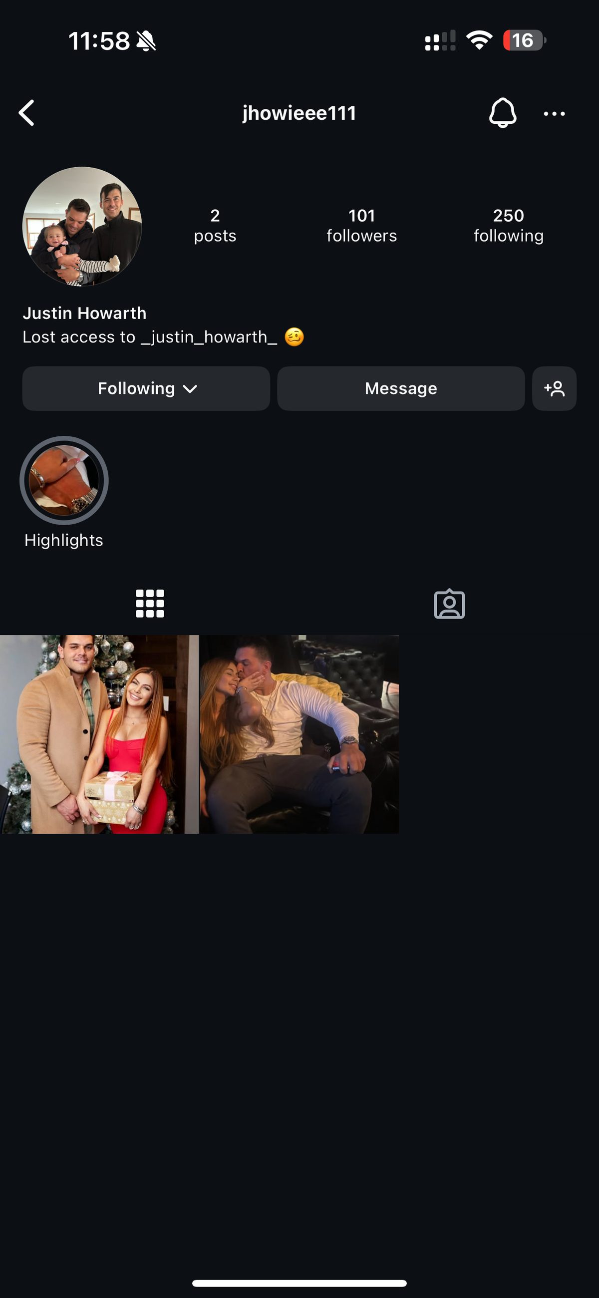 Instagram profile screenshot showing account jhowieee111 under the name Justin Howarth